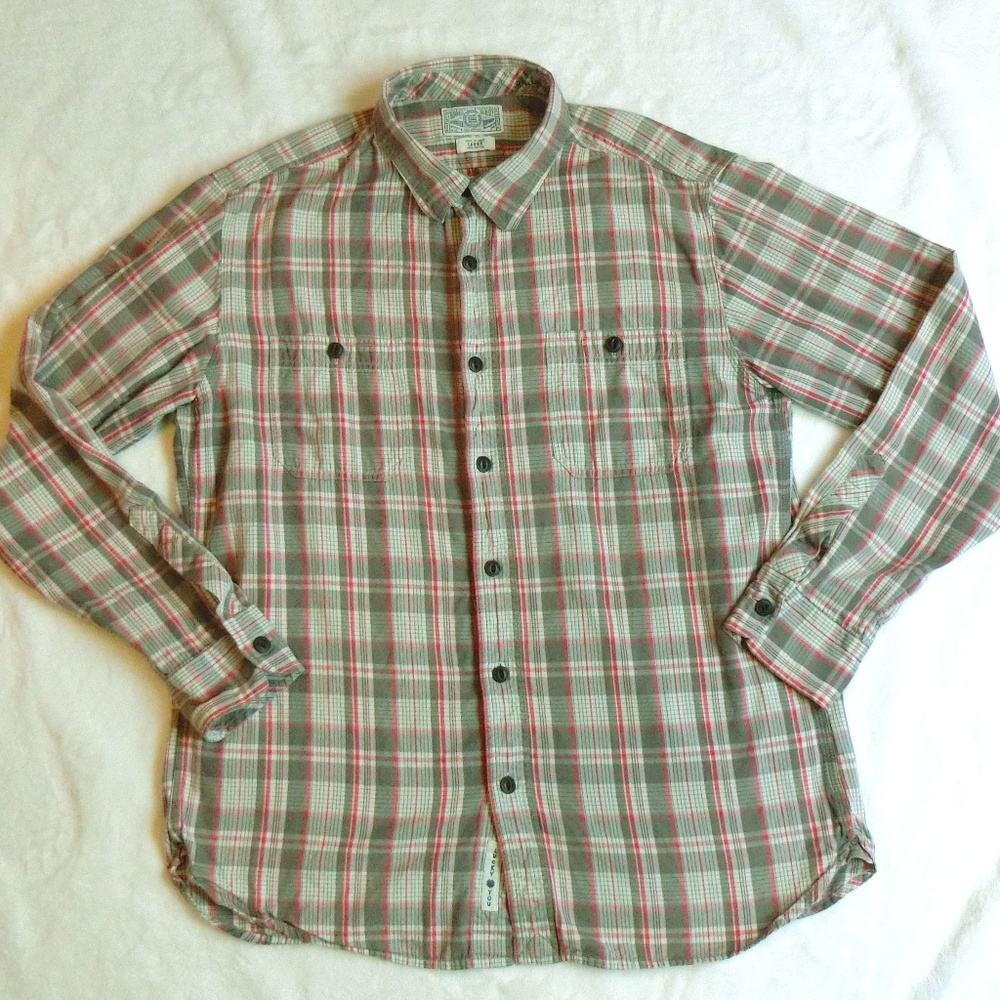 Lucky Brand Men’s Shirt Large Gray Red Plaid LS
